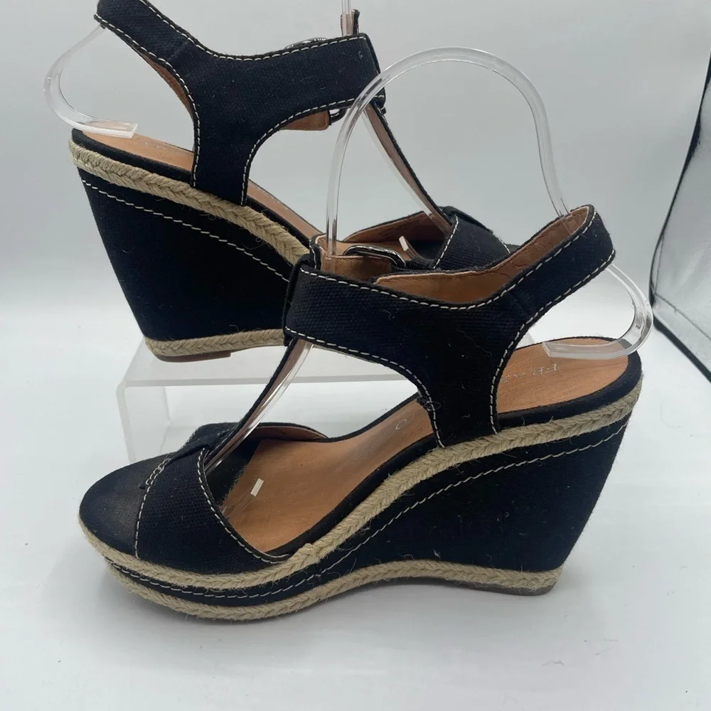 Franco Sarto Black Canvas Wedge Sandals, T strap, buckle side closure size 6.5